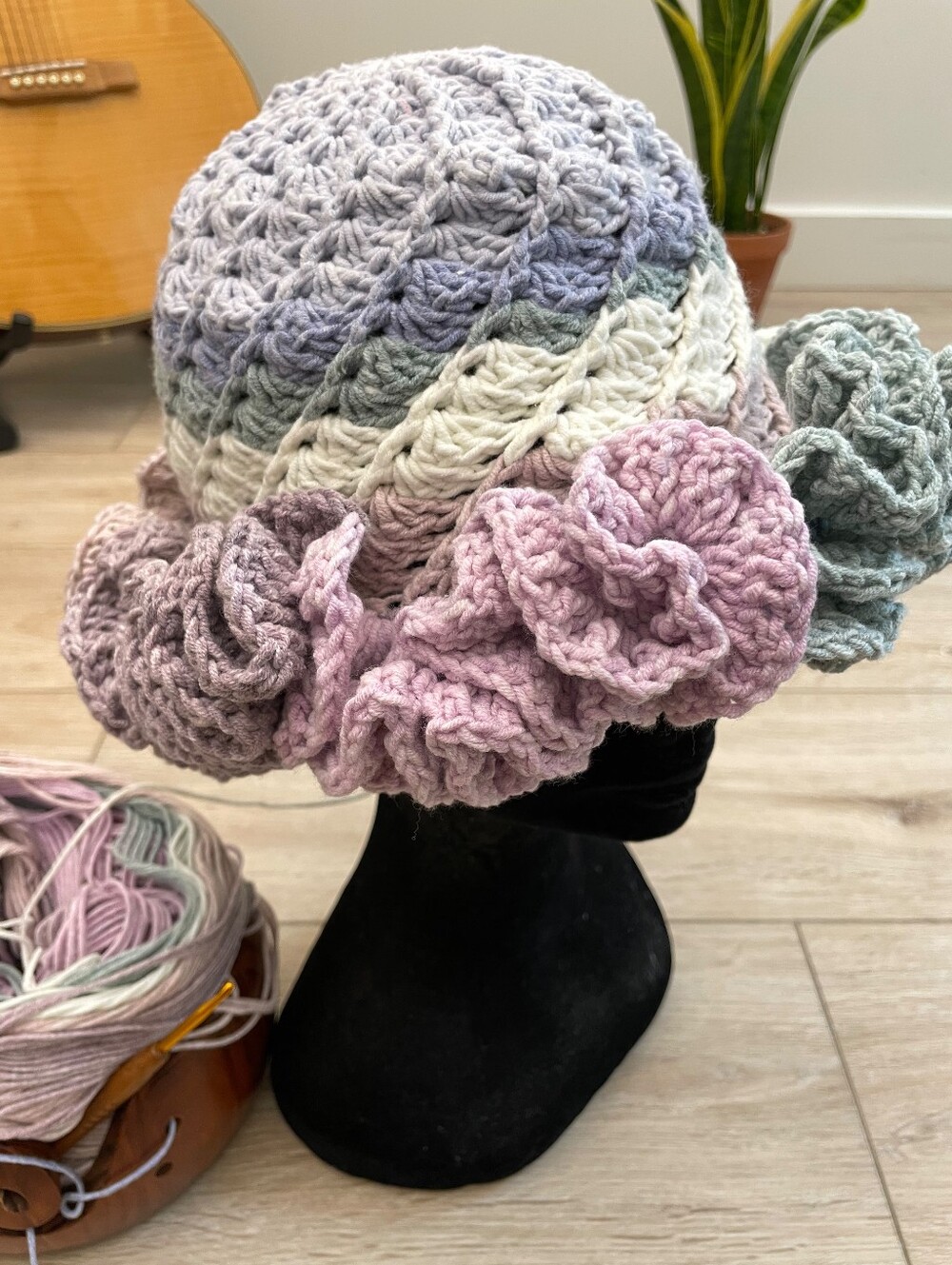 Handcrafted Crochet | Sculptural Ruffle Trim Hat |  Pastel Tones